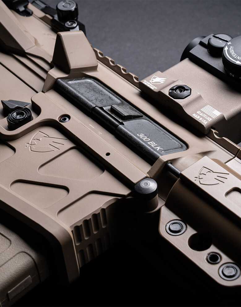 Upclose of UIC MOD2 Pistol, 300 Blackout Pistol